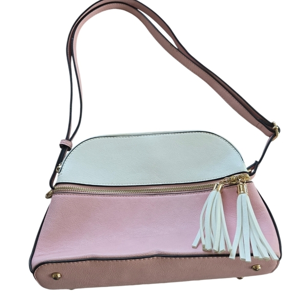 Dasein Two Tone Tassel Crossbody Handbag Pink White Womens Sustainable - Picture 1 of 14
